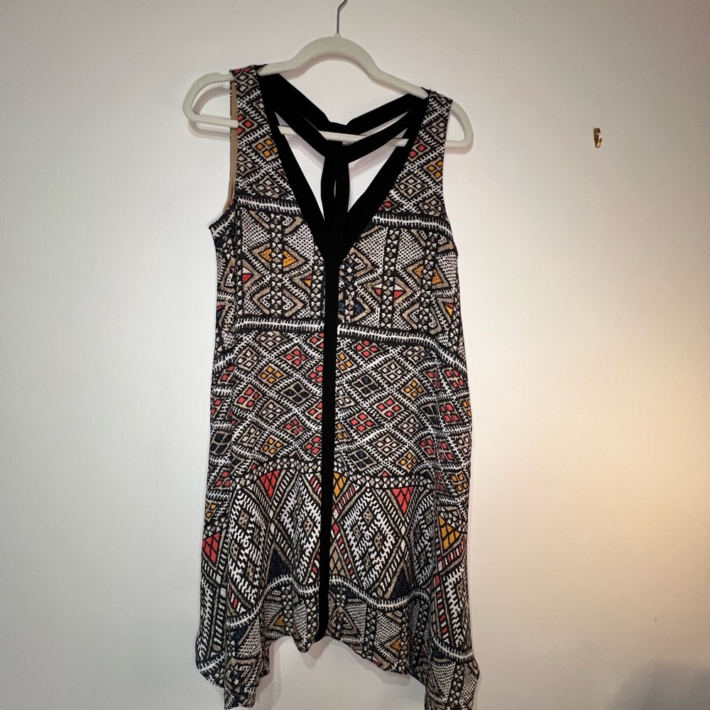 BCBG Sleeveless Geometric Print Tank Dress - Black with Red & Mustard Accents